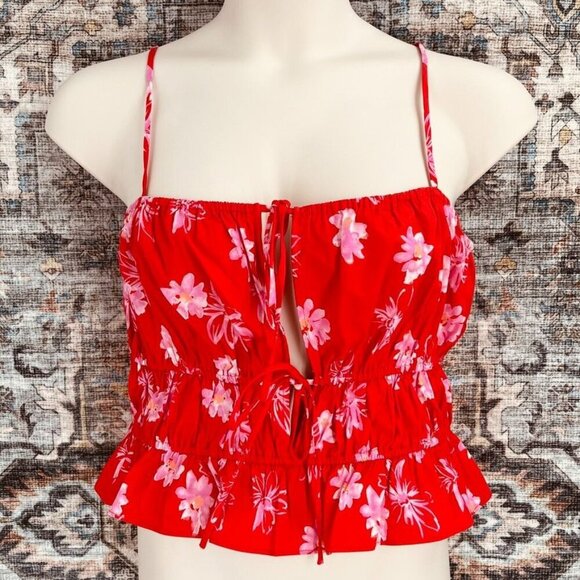 WAYF Halter Top Tank Size XL Tie Front Red Pink Flowers Summer Vacation New - Picture 1 of 11
